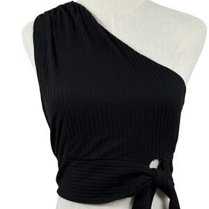 Impeccable Pig Womens L Crop Top Black One Shoulder Ribbed Tie Waist EUC